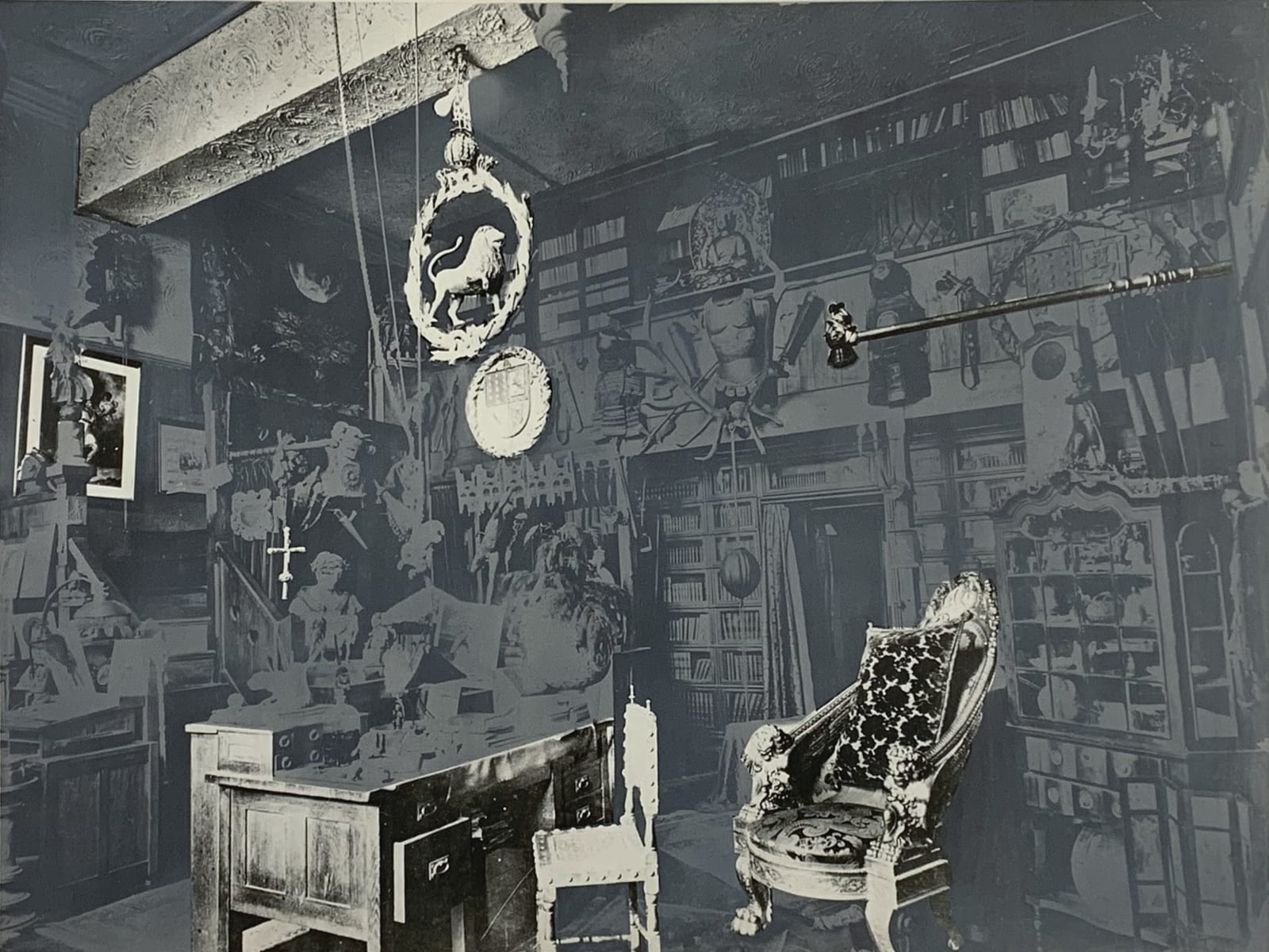 Detail of Collaged black and white image of a room containing a collection of objects