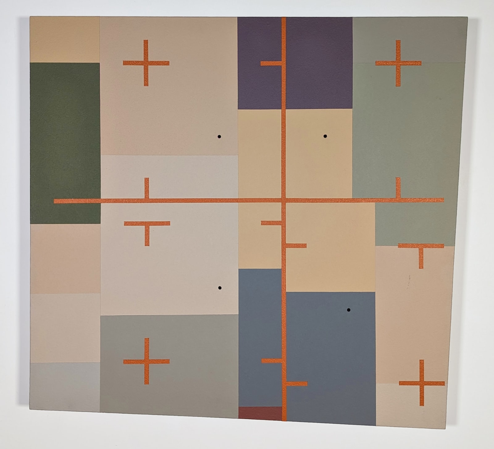 Quadrilateral shaped arcylic painting divided into irregular rectangular parcels of muted yellows, greens, blue, and purple with an overlaid orange coordinate plane