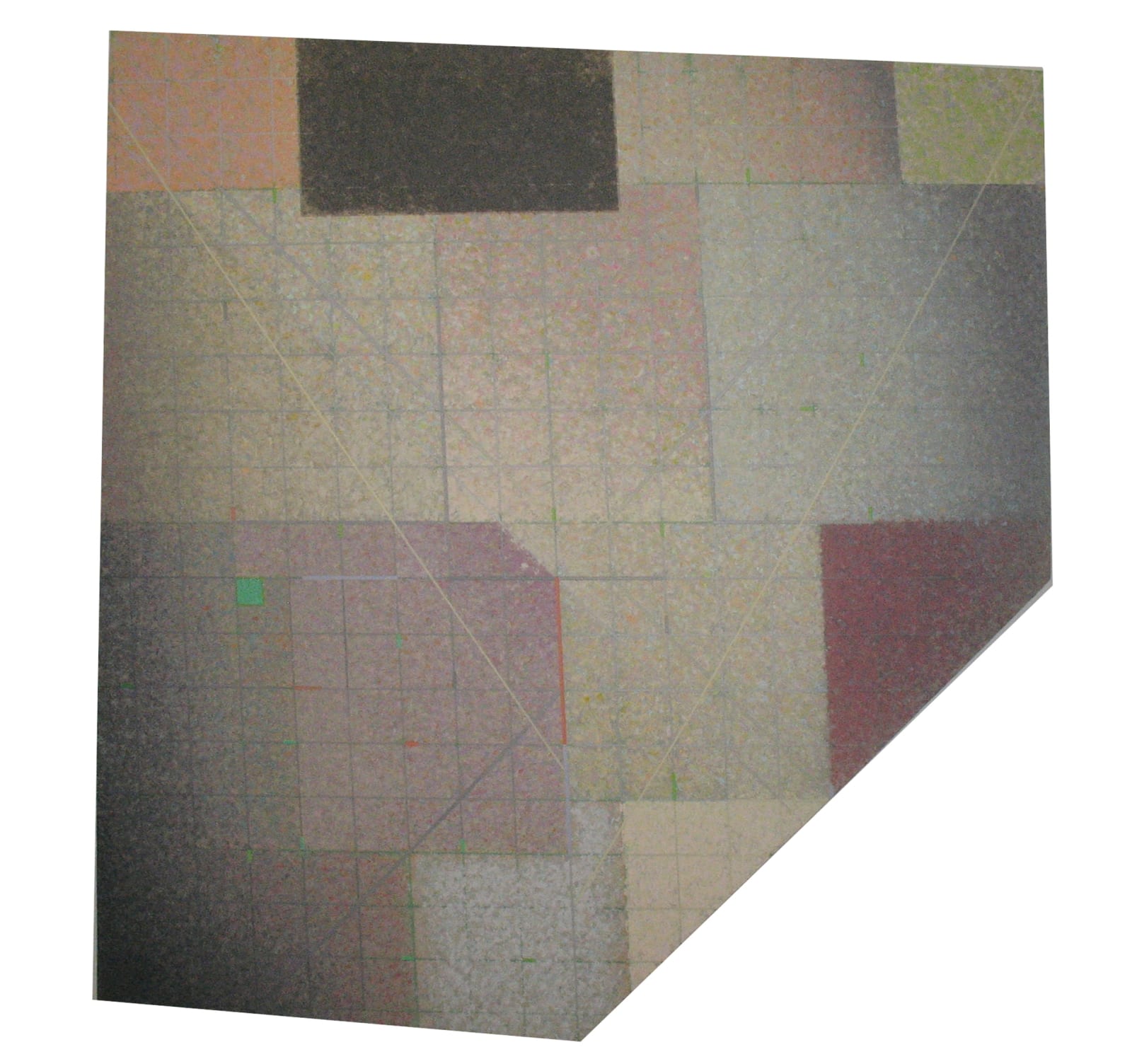 Five-sided shaped arcylic painting divided into rectangular parcels of muted yellows, greens, blues, and purples with a faint grid overlaid