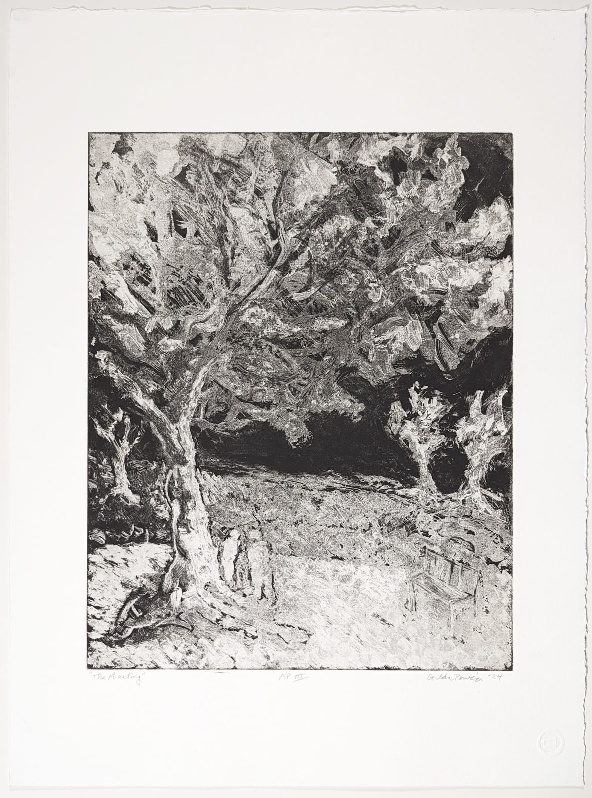 Whiteground etching of two figures under a large tree surrounded by other smaller trees and a bench