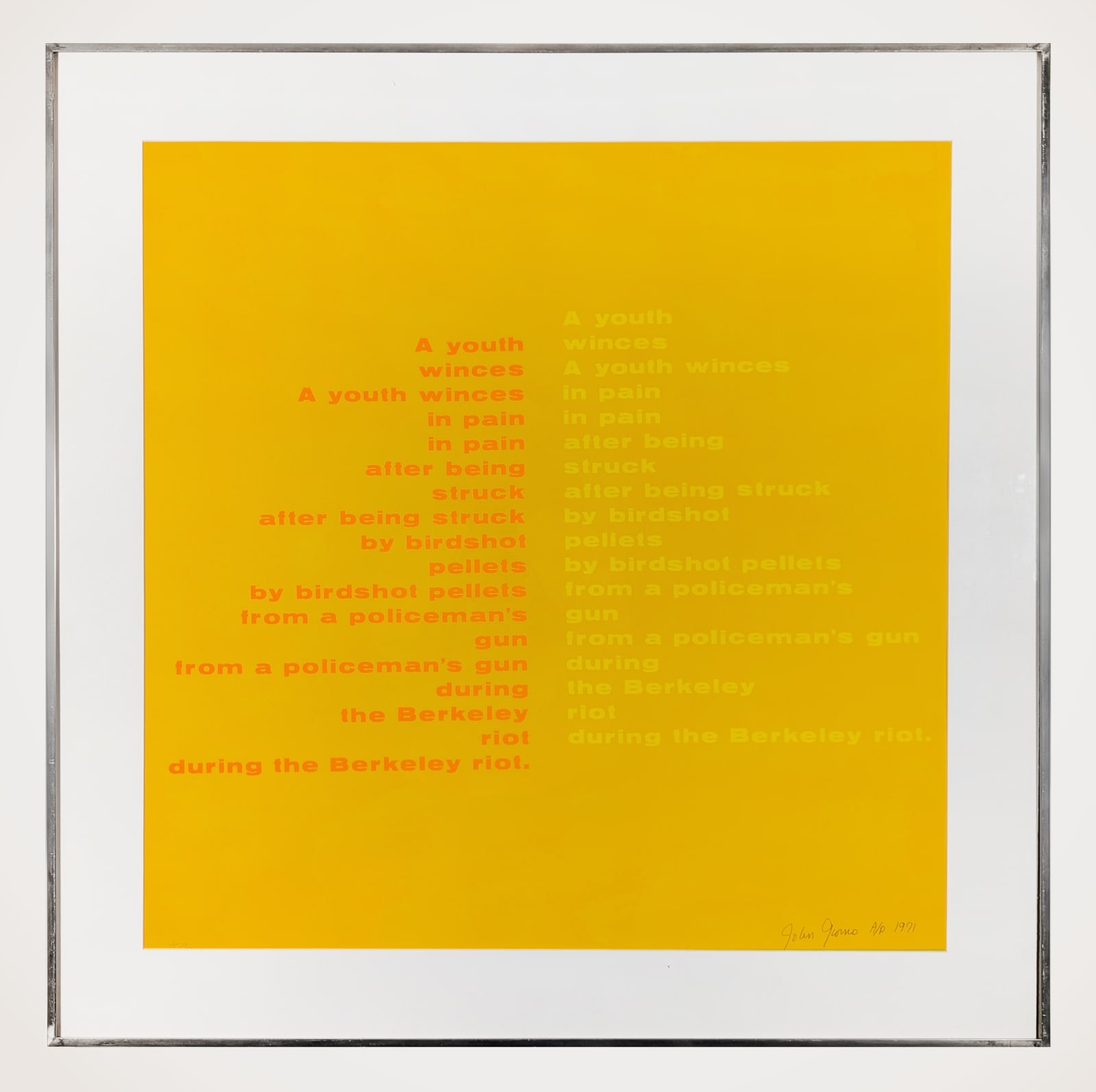 Framed square print by John Giorno with a duplicated poem in 2 colors against a warm yellow background