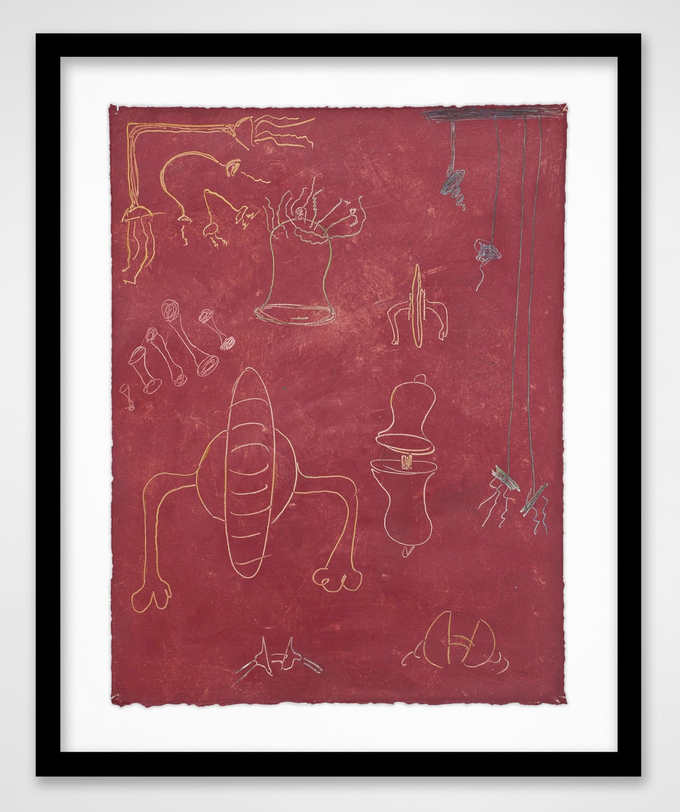 Framed Red paper with yellow, green and white doodles of bells, and lights and anthropomorphic forms