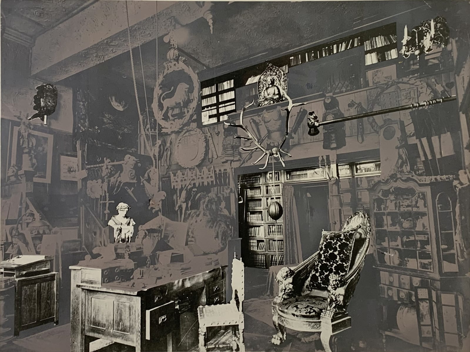 Detail of Collaged black and white image of a room containing a collection of objects