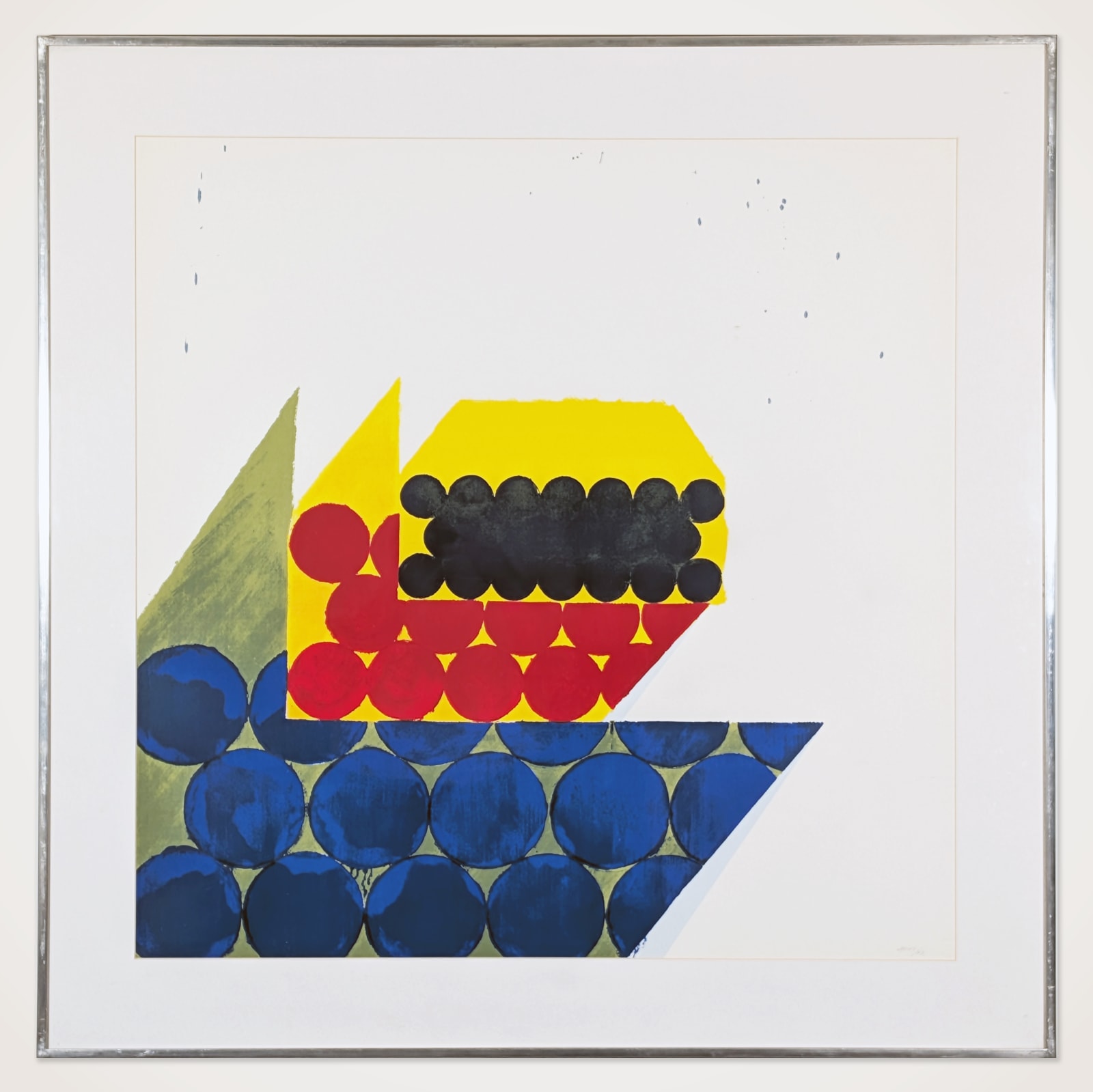 Framed Square print by artist Richard Smith comprised of geometric abstract forms overlaid with a circular motif