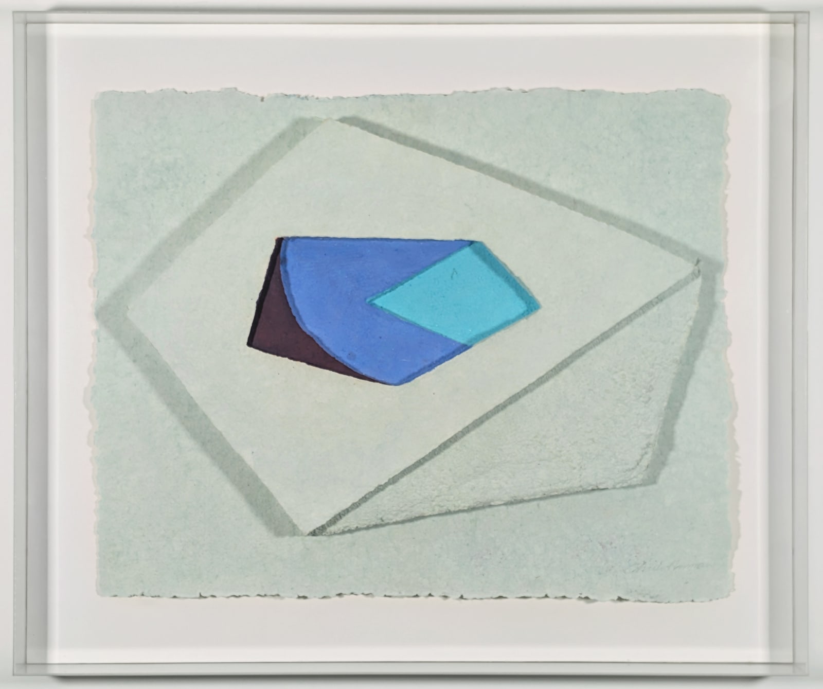 Abstract cast paper relief artwork composed of overlapping textured layers in tan tones, featuring a central composition of geometric forms. The work emphasizes dimensionality through subtle shadows and organic, deckled edges.