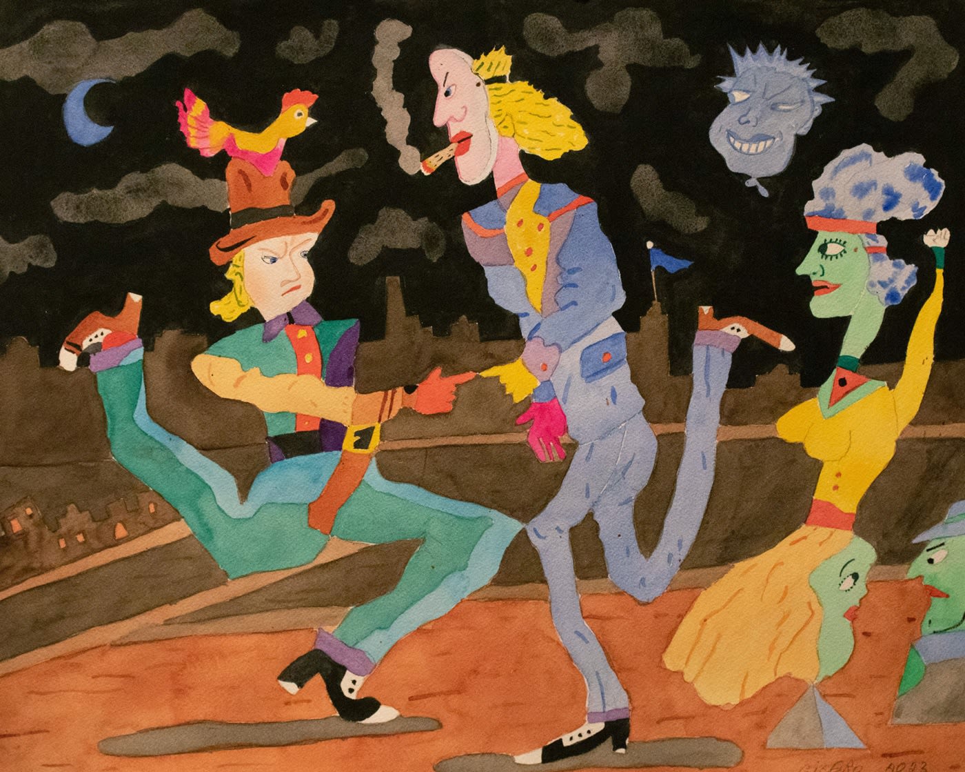 Expressive watercolor illustration of three contorted figures dancing outside at night in front of a skyline