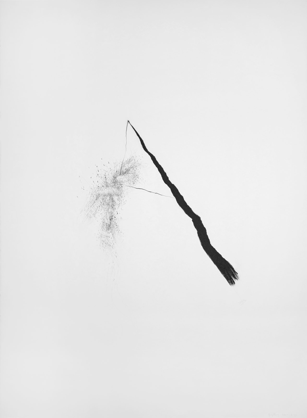 Minimalist graphite drawing of dark stick-like lines holding hair-like gray strands taut