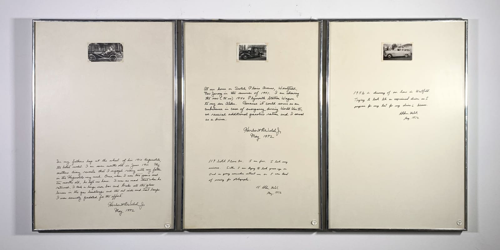 Three photographs and ink on museum board, each has a small black and white photo with writing surrounding them