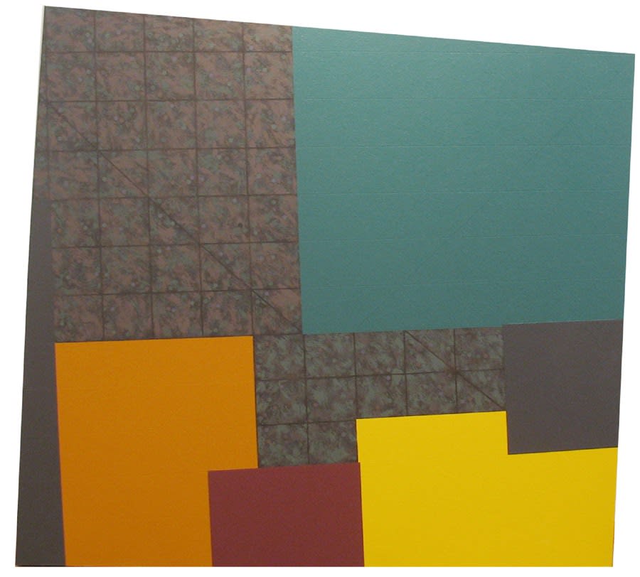 Four-sided shaped arcylic painting divided into rectangular parcels of dark grey-brown with an overlaid grid, teal, orange, burgundy, yellow, and gray