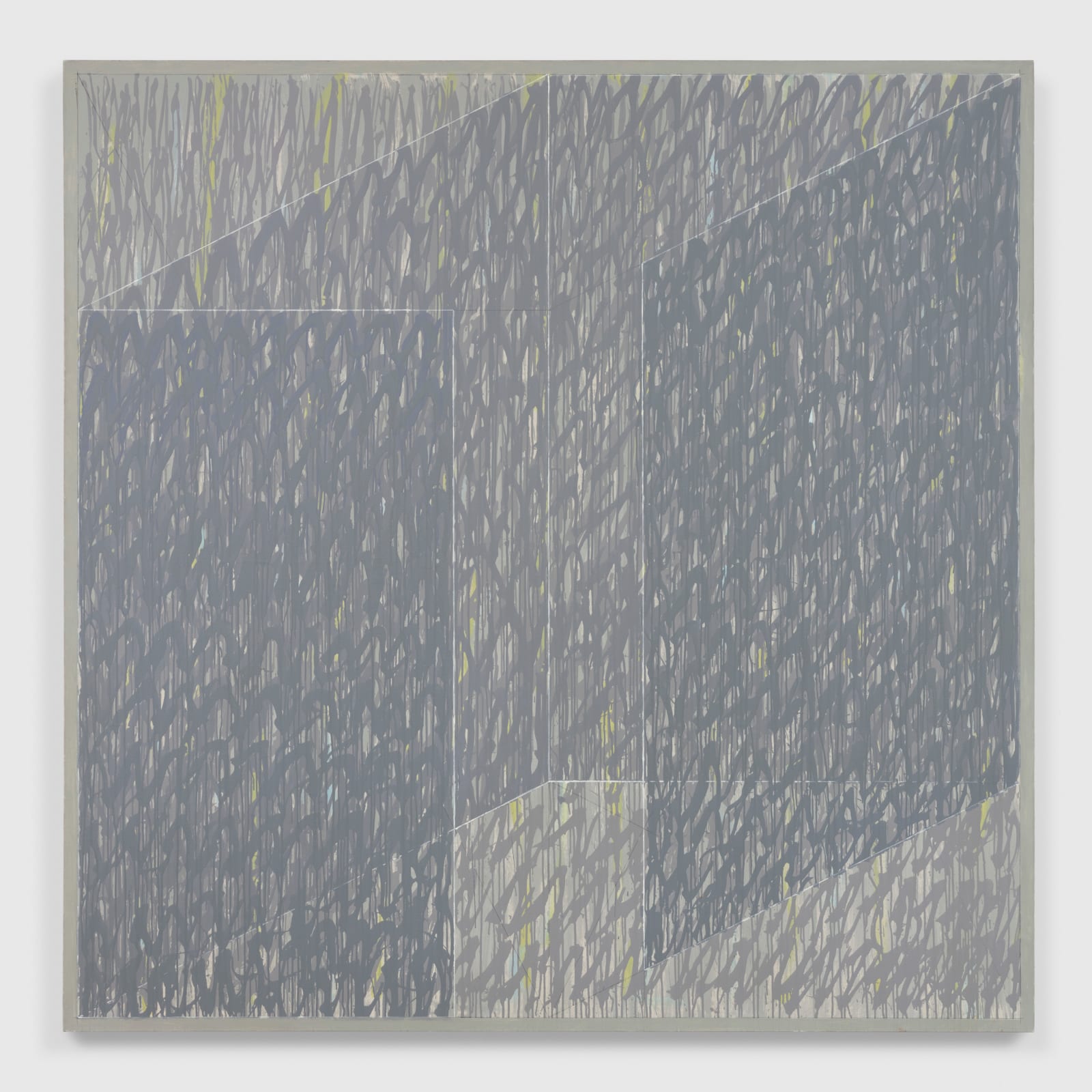 Oil on canvas painting with complex grey strokes covering the entire piece with hints of yellow and fine white lines throughout