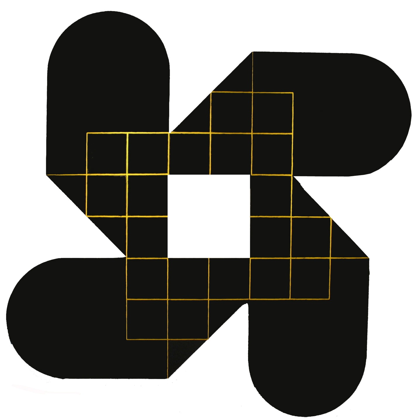 Acrylic painting on masonite of a shape formed by four identical black rounded shapes with yellow grid lines surrounding one small square of negative space