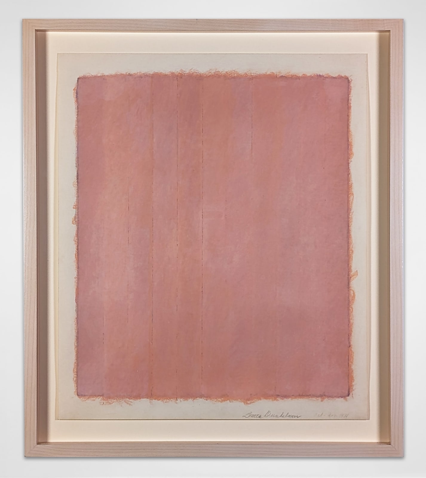 White framed oil-wax, chalk, and pencil artwork of a pink rectangle with faint striations