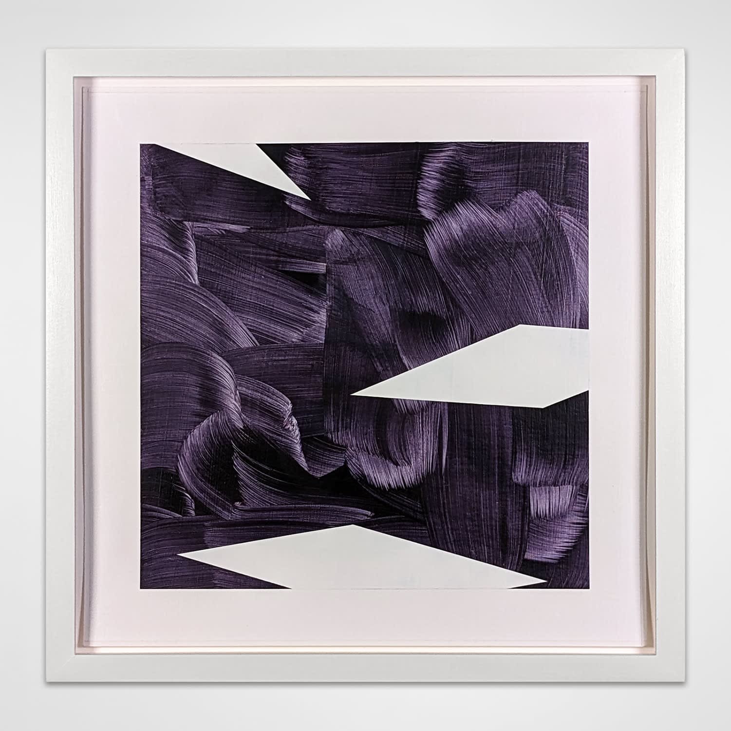 White framed geometric abstract acrylic painting of a deep purple square comprised of pieced-together swatches of expressive brushstrokes. The borders of the square are interrupted by three geometric white cut-outs.