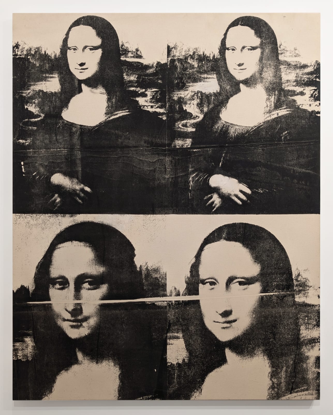 Screenprint on tan newsprint divided into four quadrants each with a varied image of the Mona Lisa
