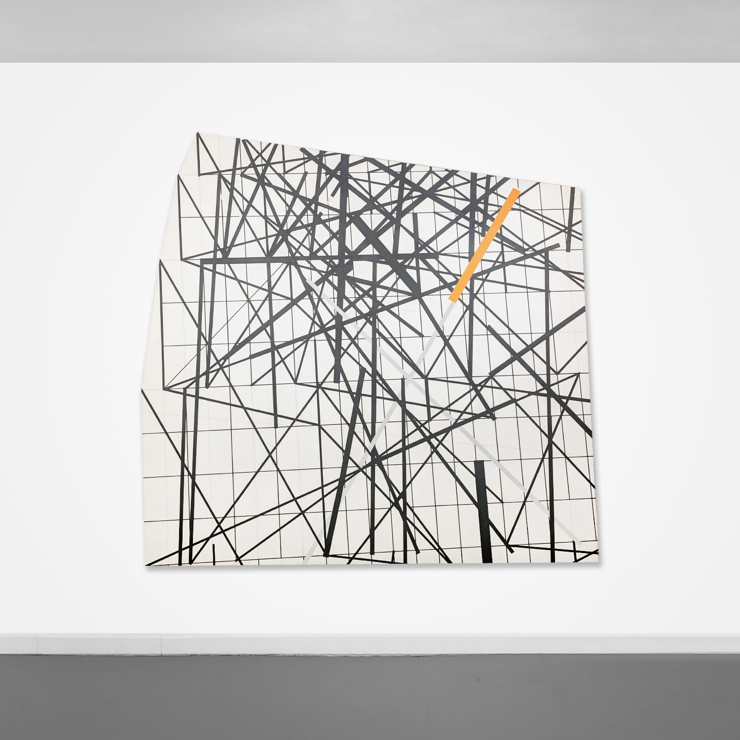 White acrylic painting on an irregularly-shaped masonite board with thin, overlaid black grid lines and thicker stright black lines and one yellow line in an erratic pattern