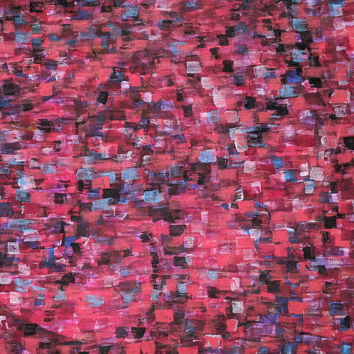 Detail of Acrylic and mixed media on canvas in an abstract expressionist mode of countless multicolored, primarily purple, small marks