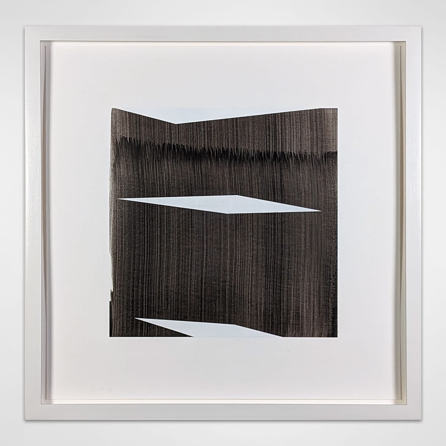 White framed geometric abstract acrylic painting of a dark square comprised of thick vertical brushstrokes. The square is interrupted by three geometric white cut-outs at its top, middle, and bottom.