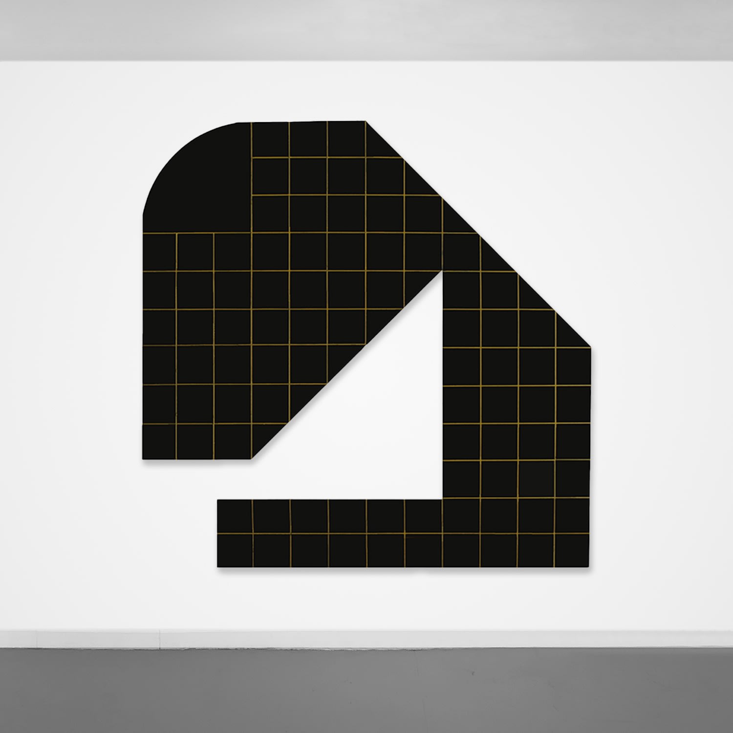 Acrylic painting on masonite of a black, irregular geometric shape surrounding a triangular area of negative space