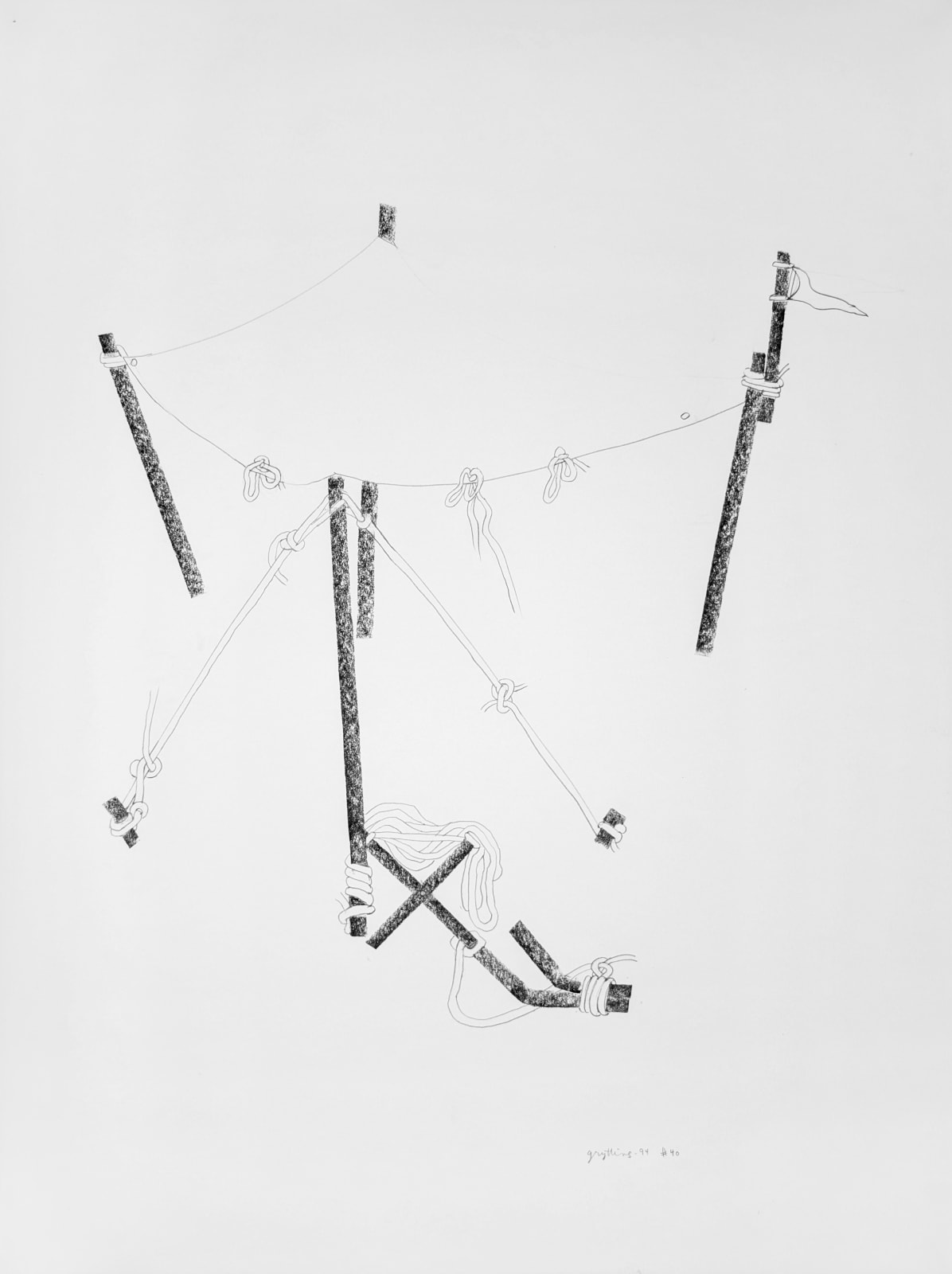 Abstracted minimalist graphite drawing on paper of knotted ropes and wooden poles