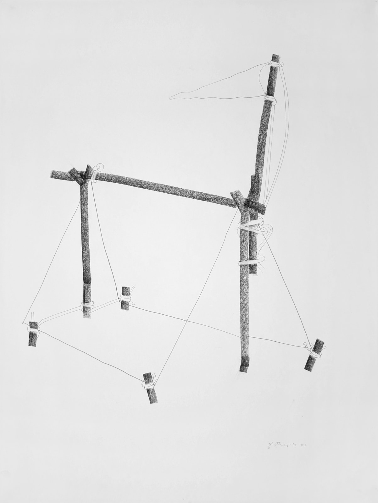 Abstracted minimalist graphite drawing on paper of knotted ropes and wooden poles
