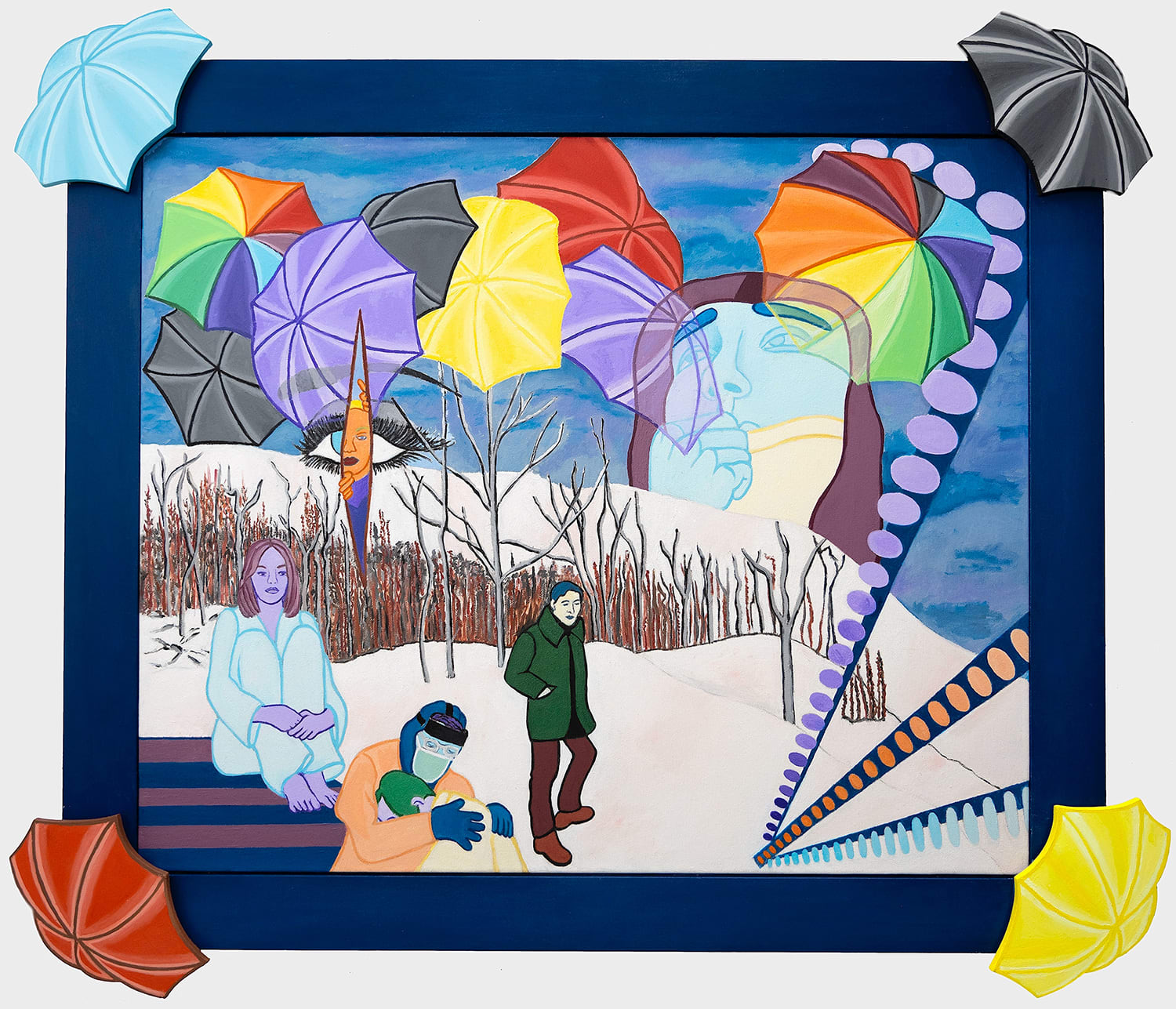 Painted wooden frame with umbrellas at each corner of an oil painting on canvas of three figures in a snowy landscape, which includes colorful umbrellas in the sky, rays of colorful dot emataing from a point in the foreground, and a large face peaking over the horizon.