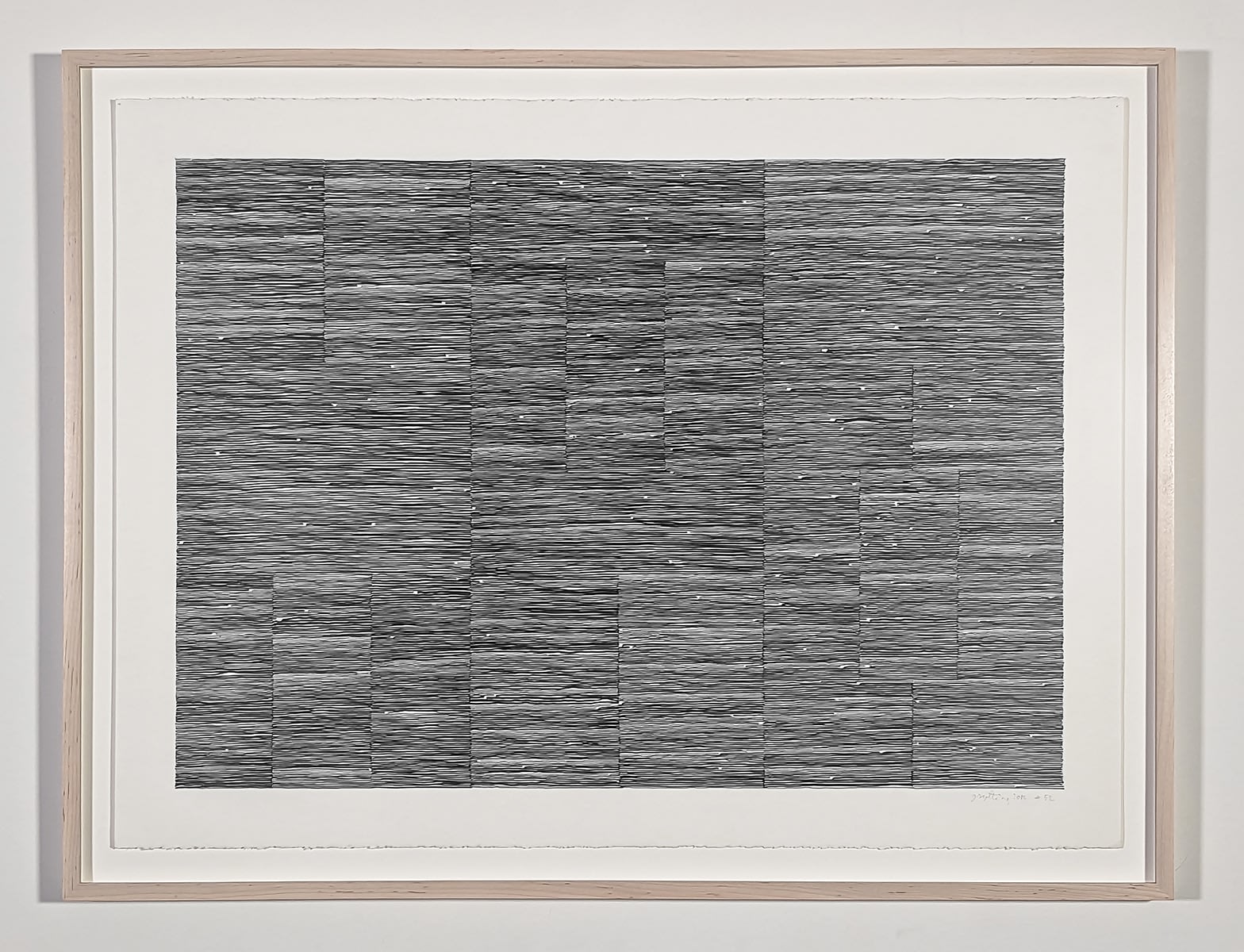 Graphite on paper drawing with small lines in small rectangles.