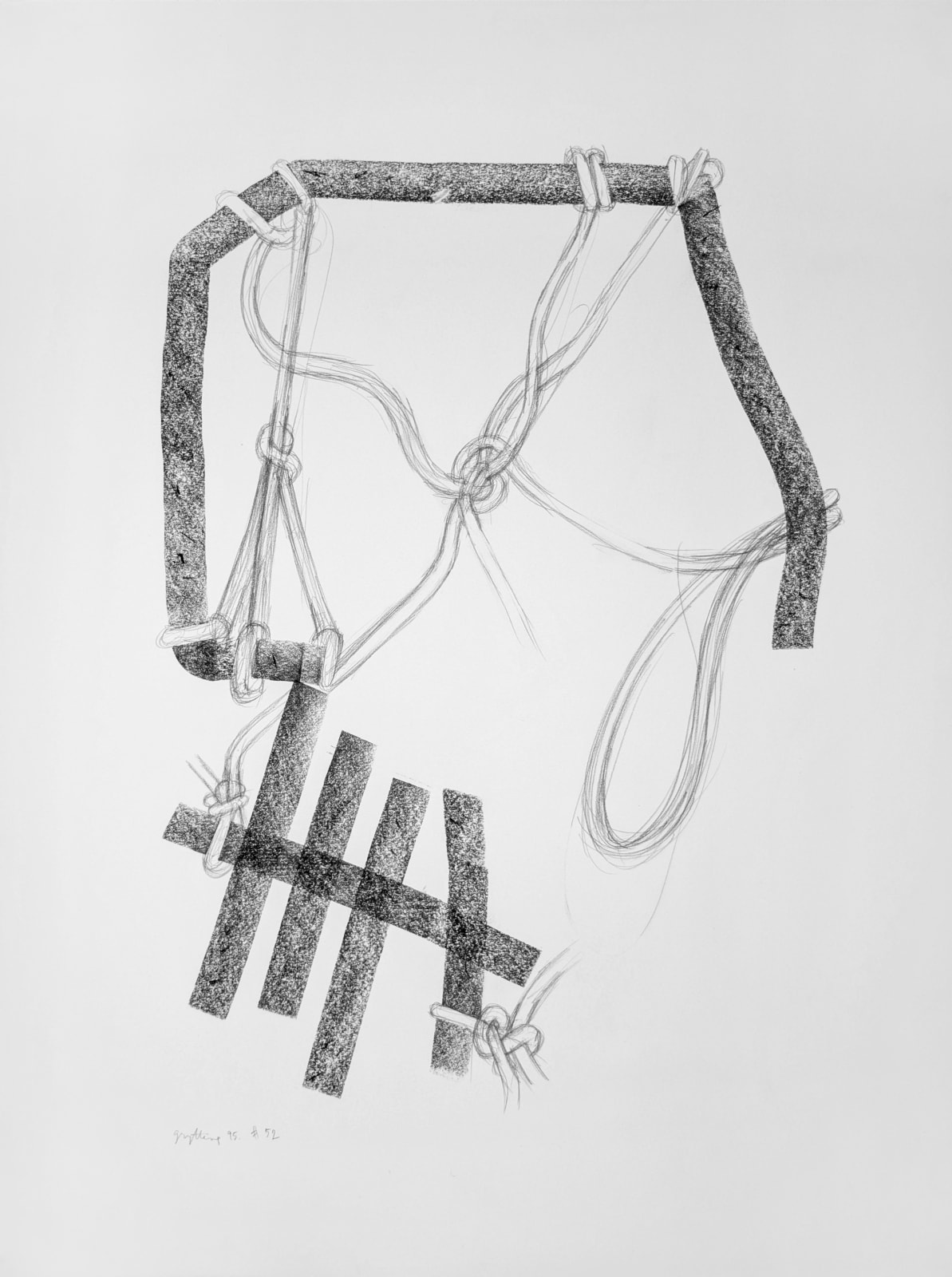 Abstracted minimalist graphite drawing on paper of knotted ropes and wooden poles