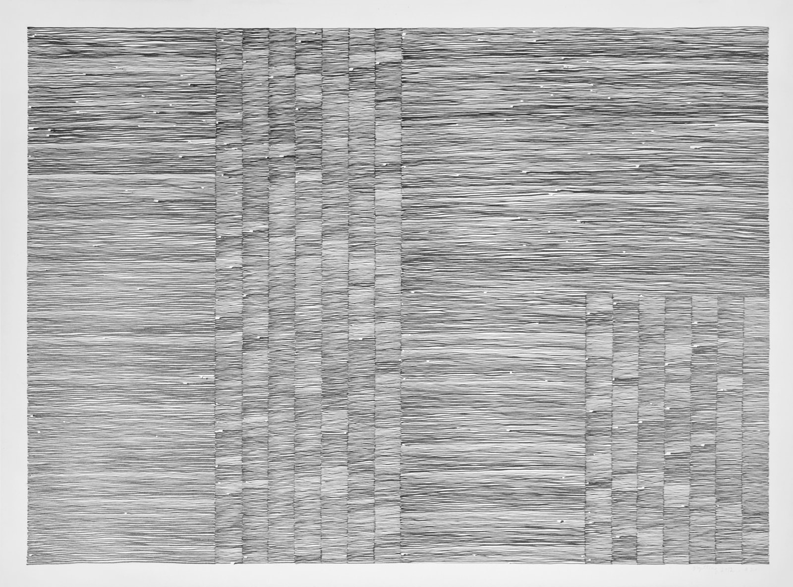 Graphite on paper with lines creating a wave-like appearance.