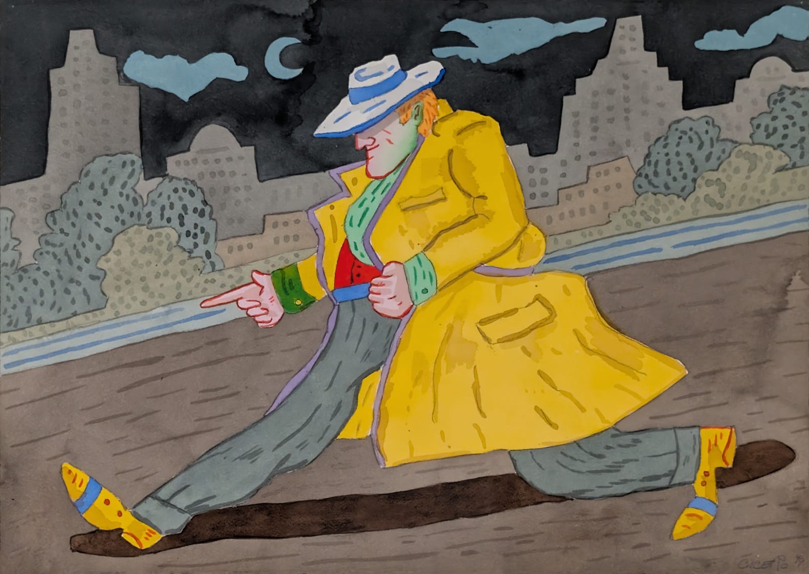 Watercolor of a stylized man in a yellow trench coat walking at night in an urban setting
