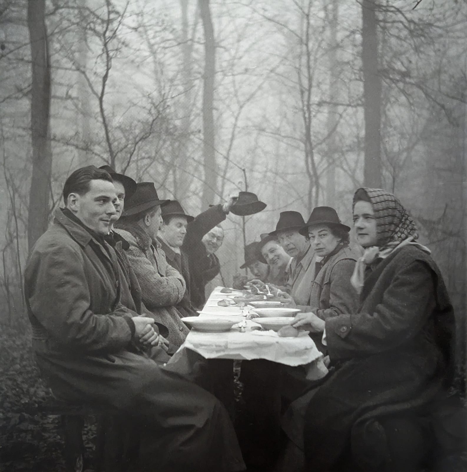 Marianne Sayn-Wittgenstein-Sayn, Hunting lunch with Caspar Oeynhausen, Karl-Heinrich Sayn-Wittgenstein, Friedrich Praschma, Carl Wolff-Metternich, Franz Eugen Kesselstatt, Ludwig Sayn-Wittgenstein, Wolf Wolff-Metternich, Sophie Praschma, and Bella Wolff-Metternich, Gracht, Netherlands, December 6th, 1952
