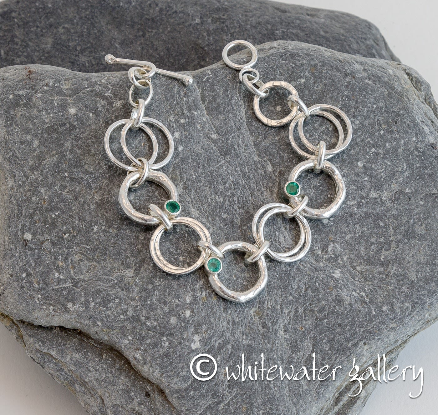 Marsha Drew Rockpool Chain Link Bracelet with Molten and Hammered Silver Links Three Emeralds Whitewater Contemporary