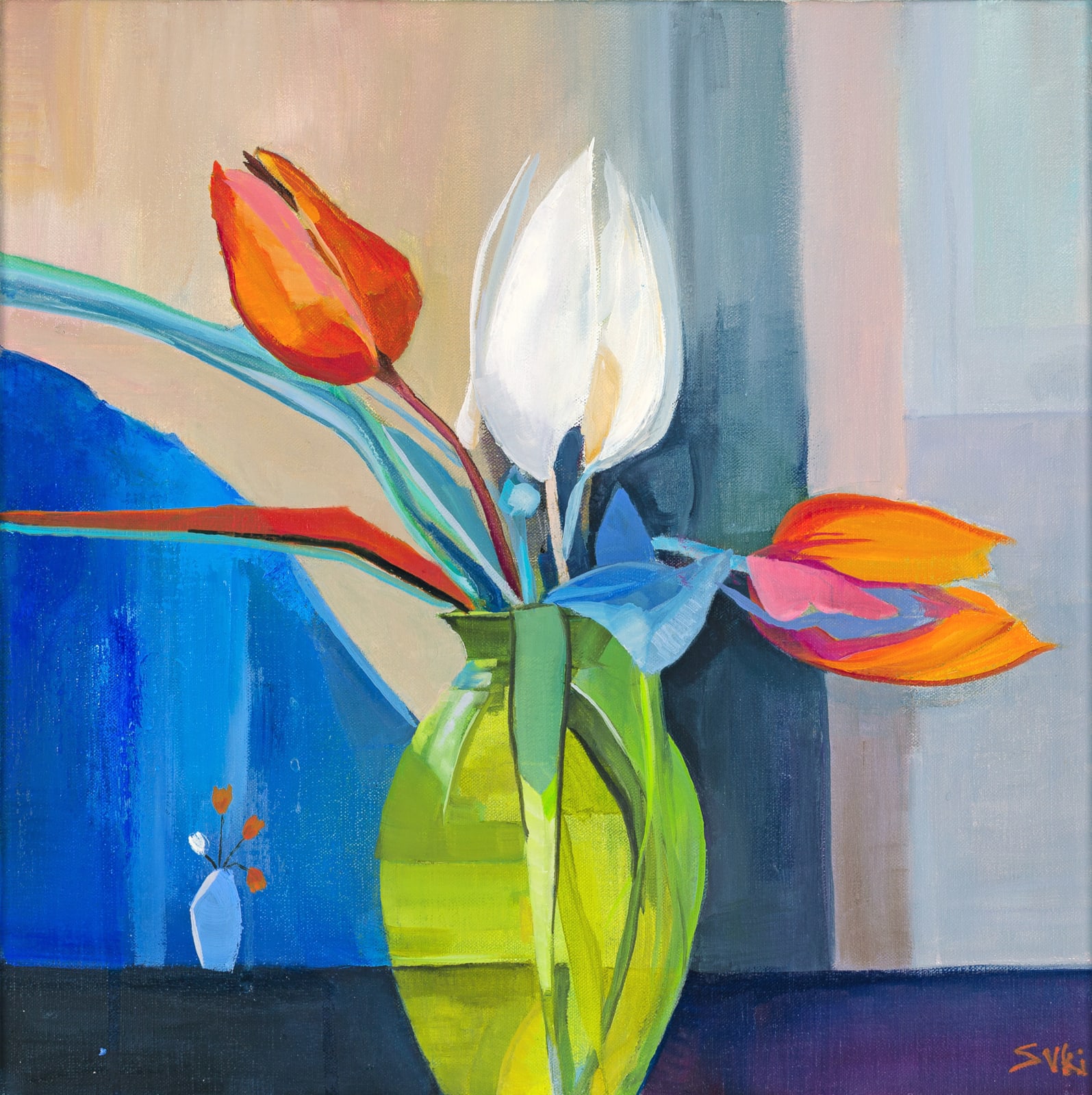Suki Wapshott, Tulips in Green Vase