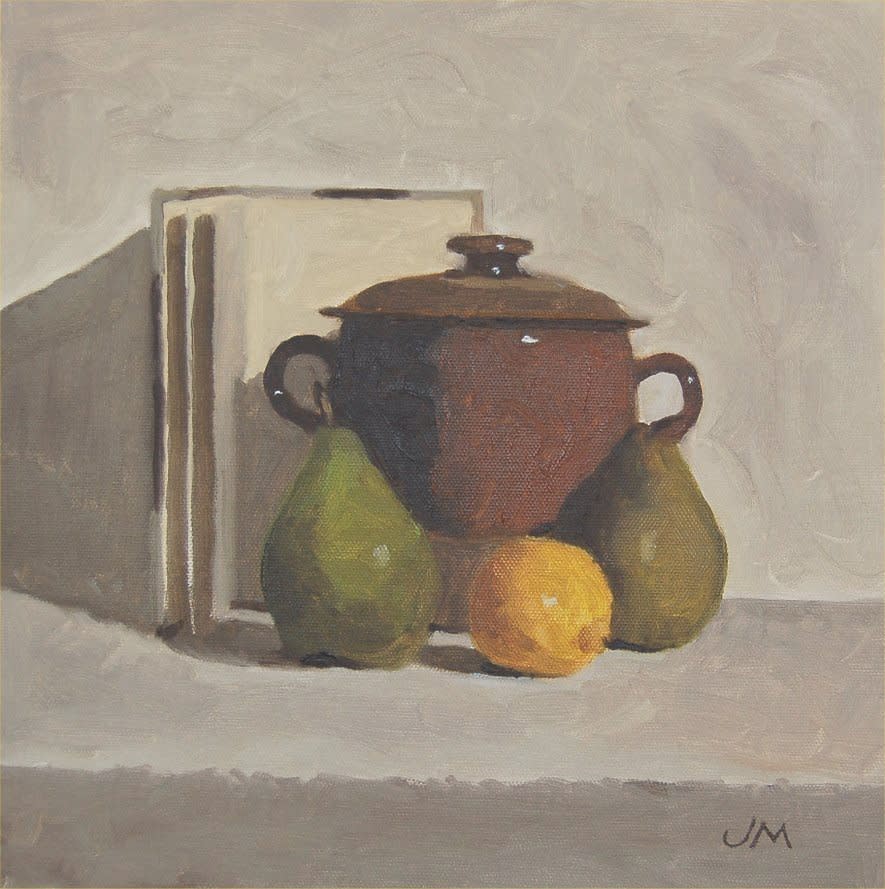 John Maddison, STILL LIFE WITH POT, FRUIT AND BOOK