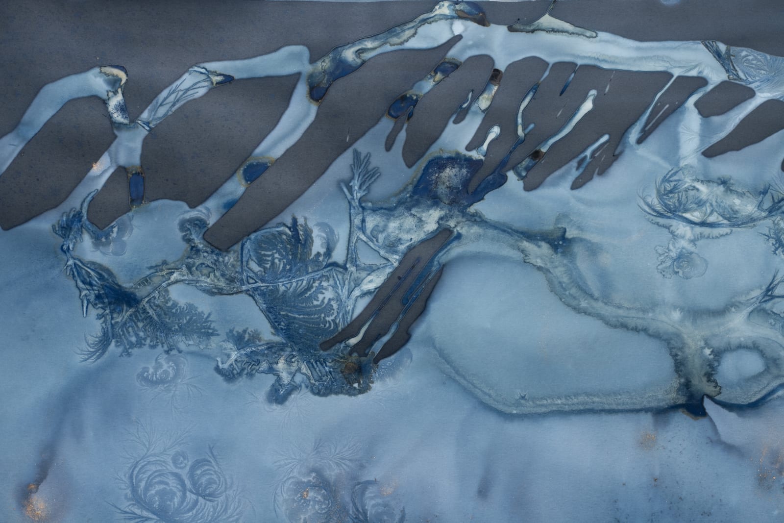 Meghann Riepenhoff, Day 383.1: mushroom spore ink + organic, inorganic, and Prussian Blue pigment + wintry mix, 2025