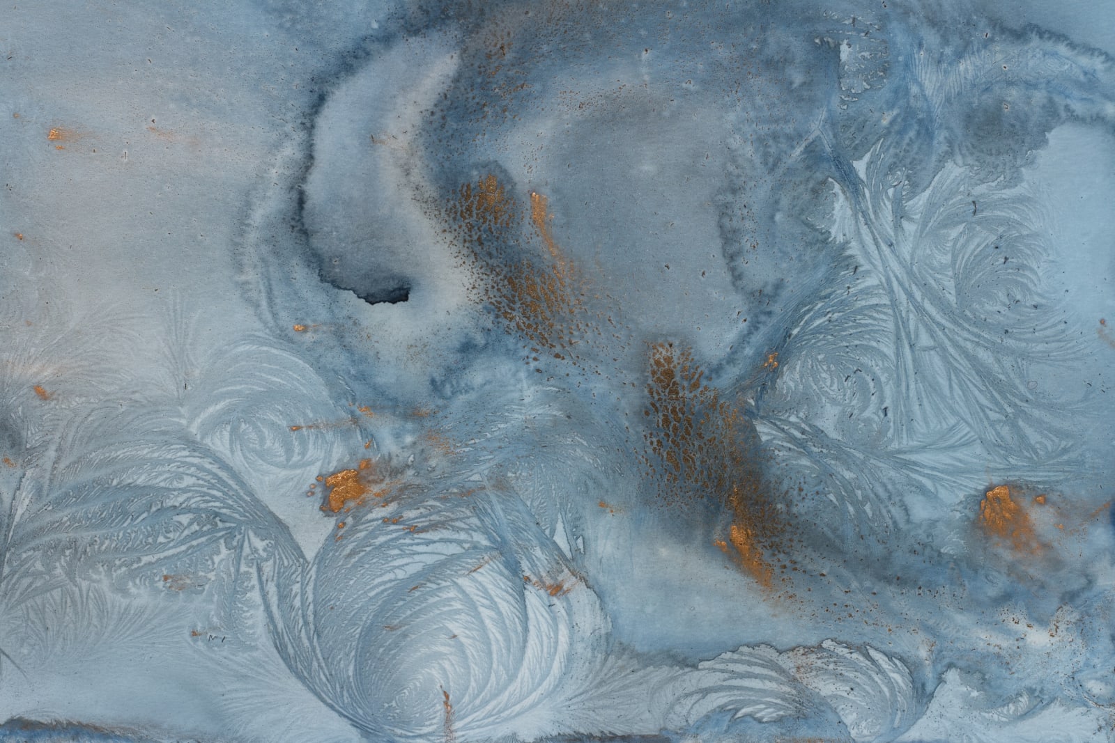 Meghann Riepenhoff, Day 383.1: mushroom spore ink + organic, inorganic, and Prussian Blue pigment + wintry mix, 2025