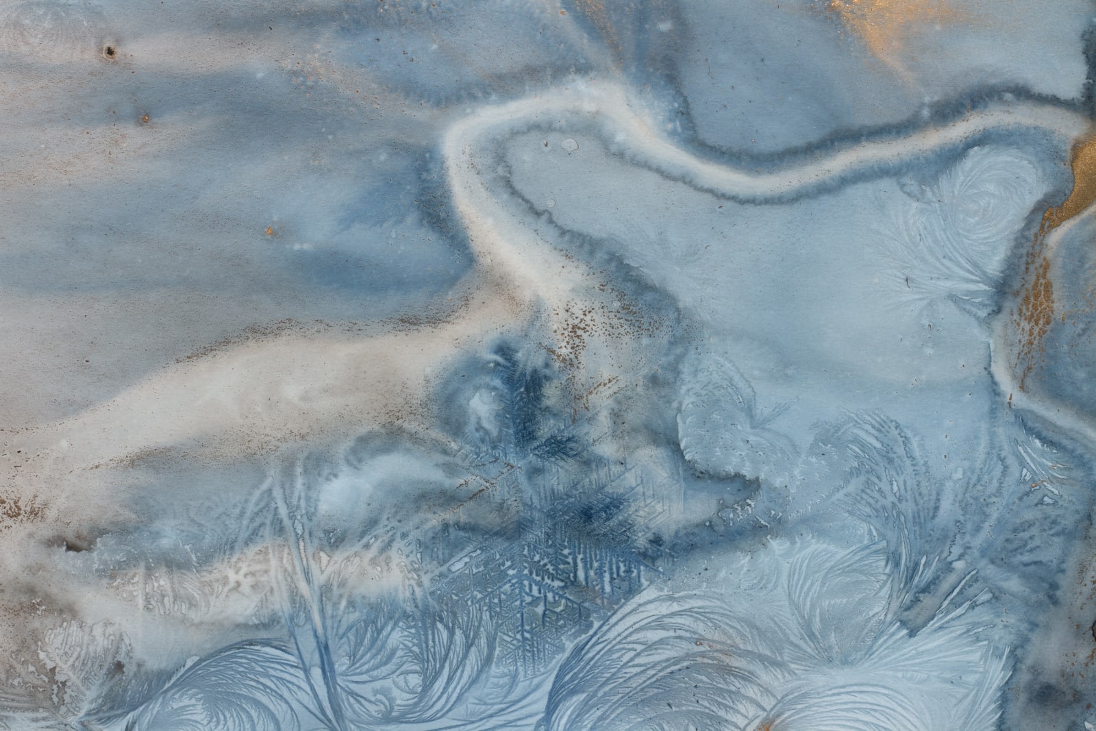 Meghann Riepenhoff, Day 383.1: mushroom spore ink + organic, inorganic, and Prussian Blue pigment + wintry mix, 2025