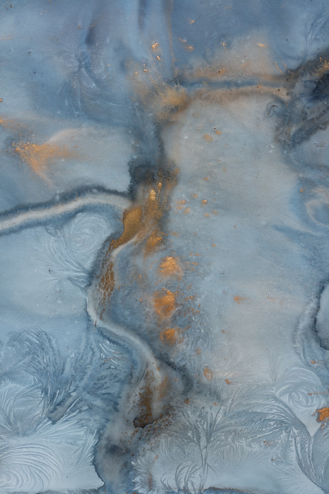 Meghann Riepenhoff, Day 383.1: mushroom spore ink + organic, inorganic, and Prussian Blue pigment + wintry mix, 2025