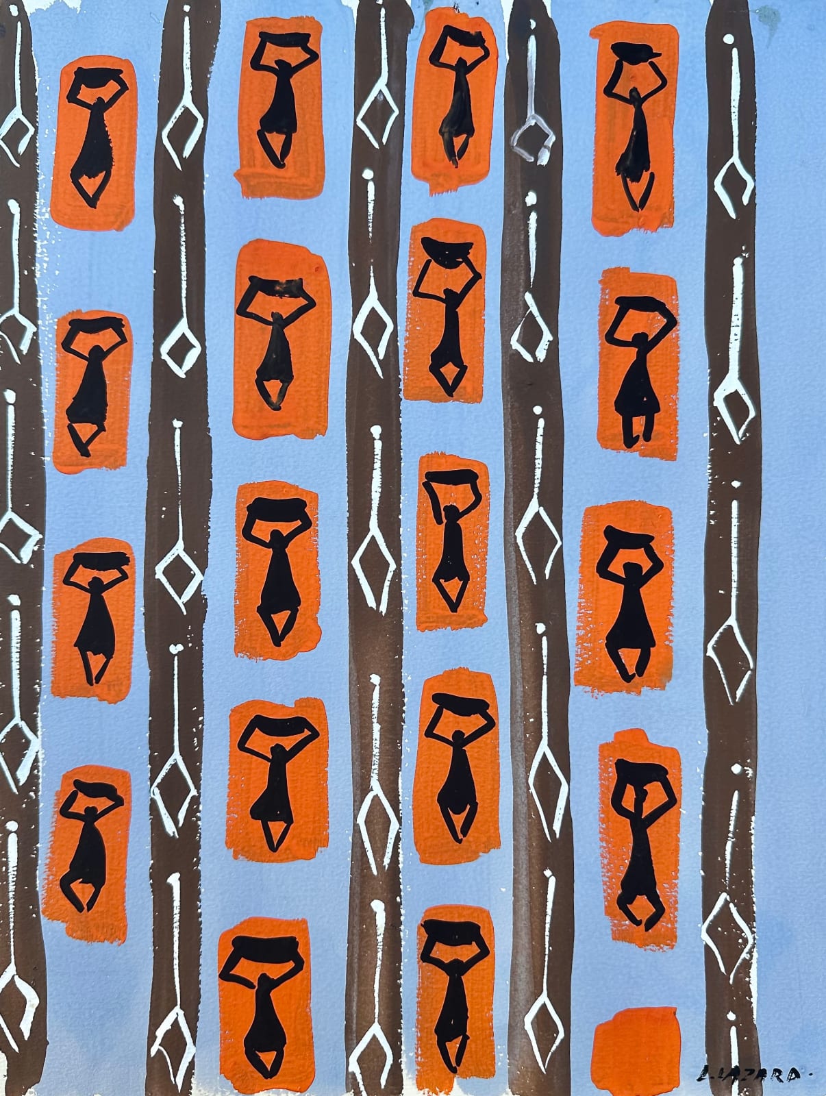 Luckner Lazard, Untitled (Walking figures with bowl in orange, lavender and brown)