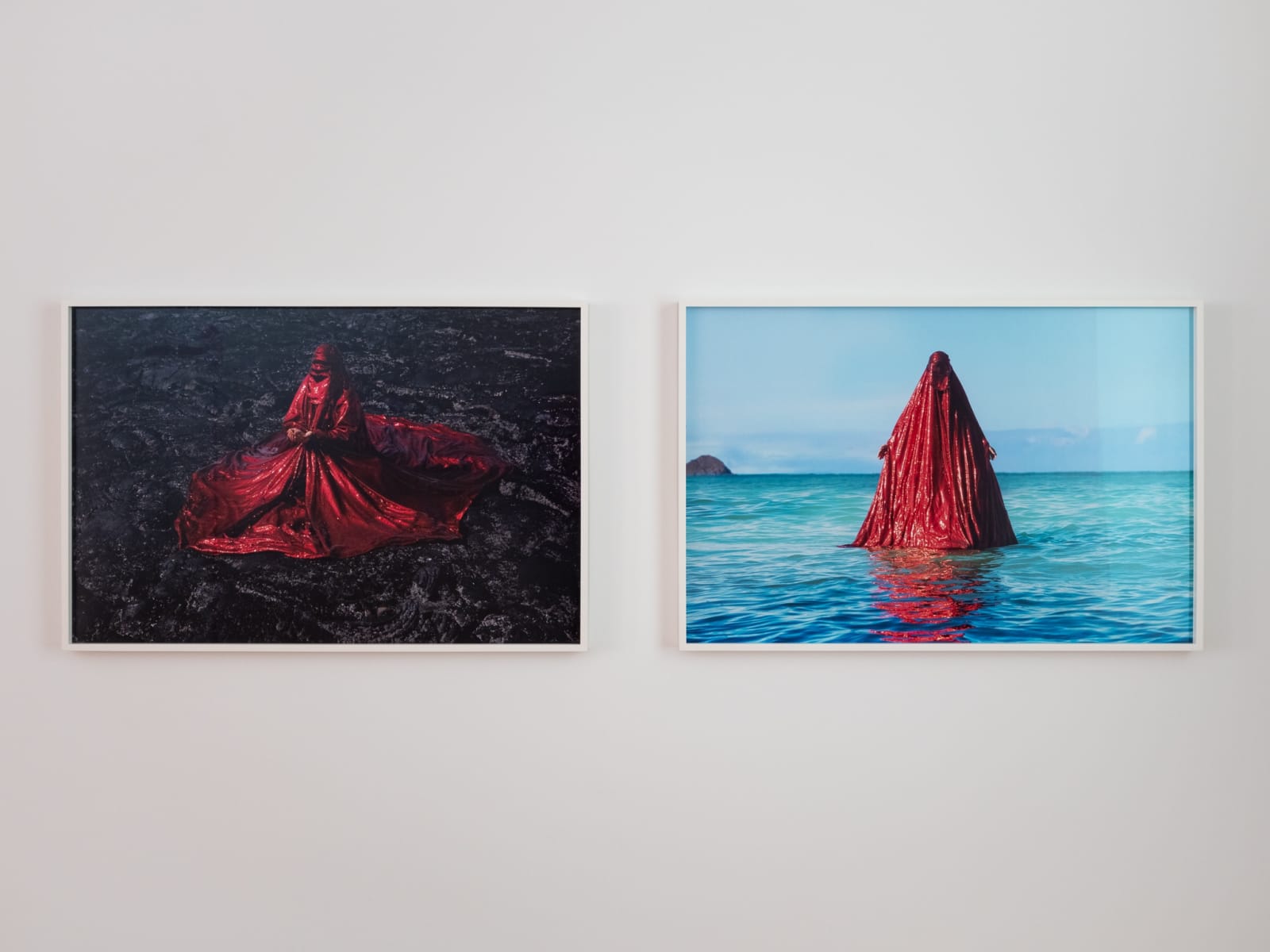 Anida Yoeu Ali Lava Rising, The Red Chador: Genesis I , 2019 Digital Color Print with Archival Pigment Ink Paper: 75 x 112.5cm Frame: 78 x 115cm Edition of 3 plus 1 artist's proof Anida Yoeu AliWaterbirth, The Red Chador: Genesis I , 2019 Digital Color Print with Archival Pigment Ink Paper: 75 x 112.5cm Frame: 78 x 115cm Edition of 3 plus 1 artist's proof