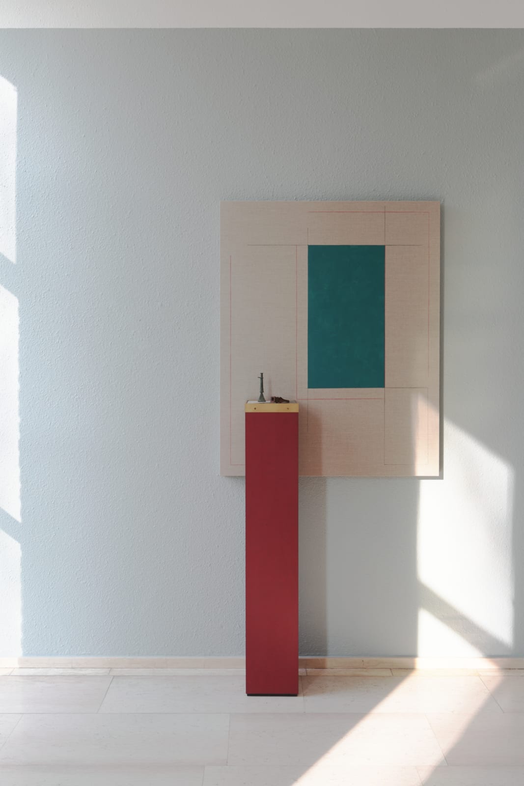 Reluctant Descent, 2016 Panel: oil and pencil on linen; Pedestal: wood, brass, terrazzo; bronze, steel Panel: 50 x 42 in (127 x 106.68 cm) Pedestal: 50 x 9 x 9 in (127 x 22.86 x 22.86 cm)