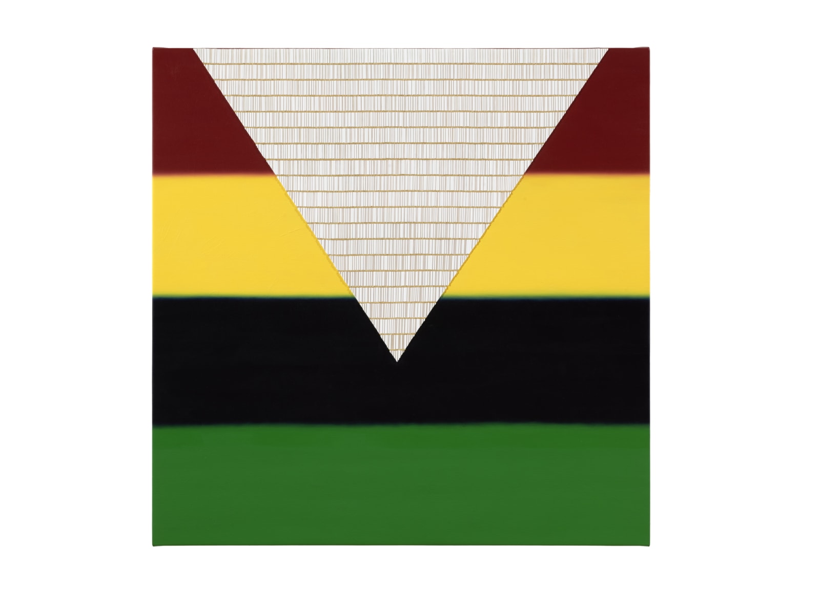 Untitled (Red, Yellow, Blue and Green), 2022 Acrylic, oil, glass beads, 24k gold-coated glass beads, synthetic sinew and thread on canvas 48 x 48 in (121.9 x 121.9 cm) Collection of Cochman Family Collection