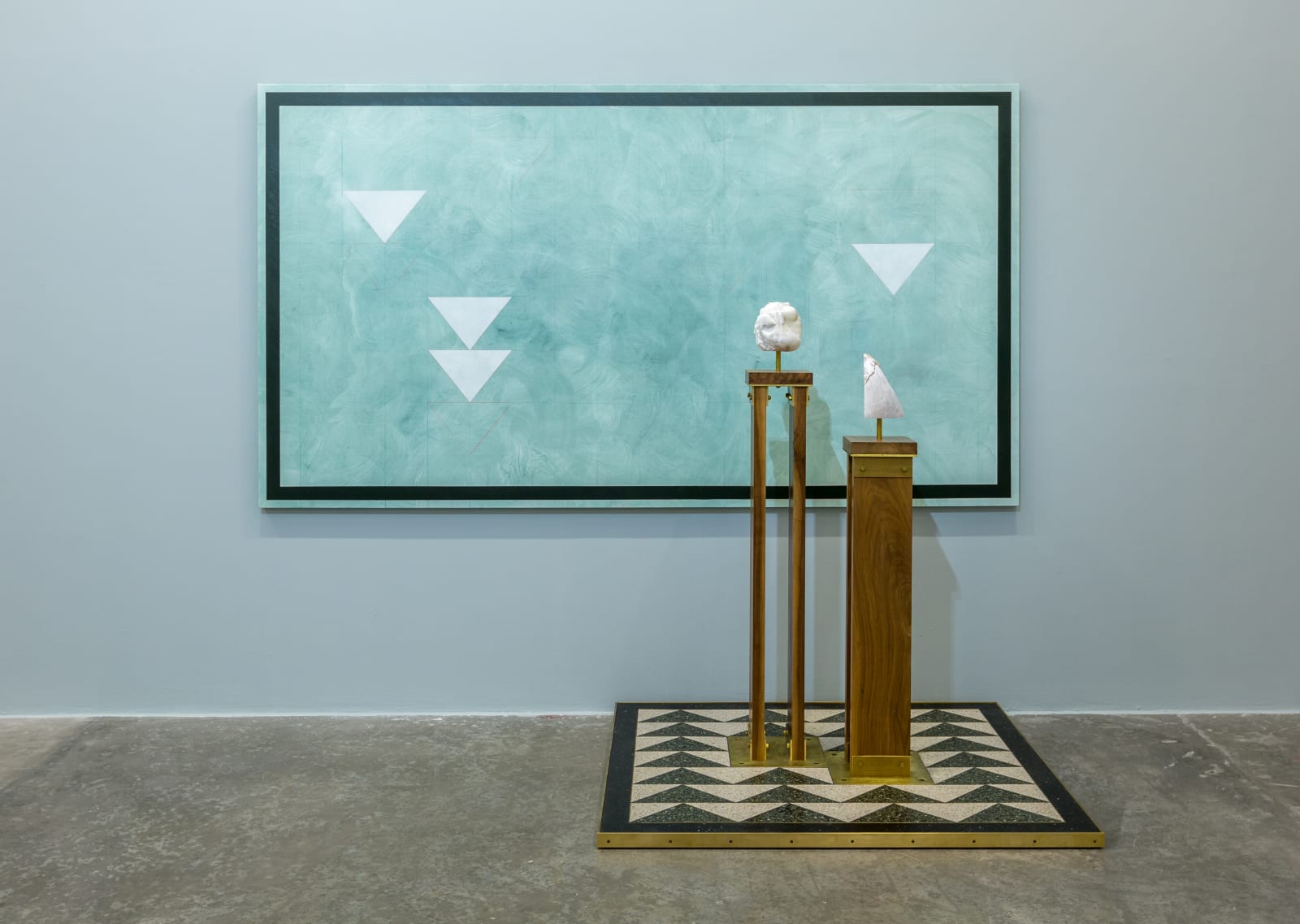 A Monument for Living in Defeat, 2016 Oil, wax and pencil on canvas; terrazzo and Brass on panel; walnut, brass, soapstone, and alabaster Painting: 60 x 108 inches (152.4 x 274.32 cm)