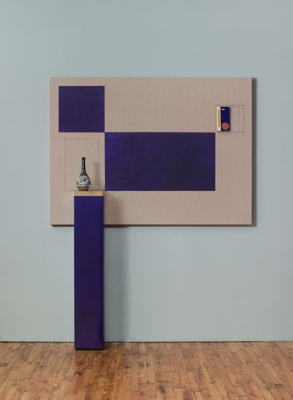 Blue Backdrop for Minor Arts, 2018 Panel: oil and pencil on linen; pedestal: oil on MDF, brass, terrazo, ceramic Panel: 48 x 60 in (121.92 x 152.4 cm) Pedestal: 50.25 x 9 x 9 in (127.64 x 22.86 x 22.86 cm)