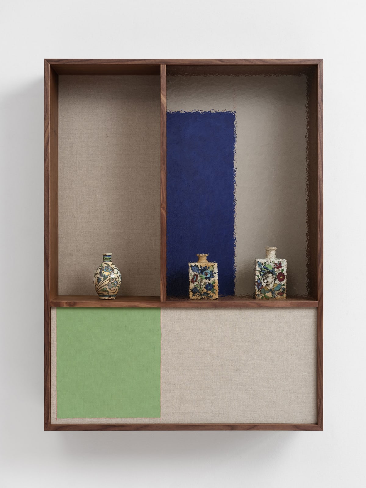 Domestic Composition (Biruni/Andaruni), 2022 Walnut veneered MDF, glass, oil and pencil on linen, and ceramic objects 48 x 36 x 8 inches (121.9 x 91.4 x 20.3 cm)