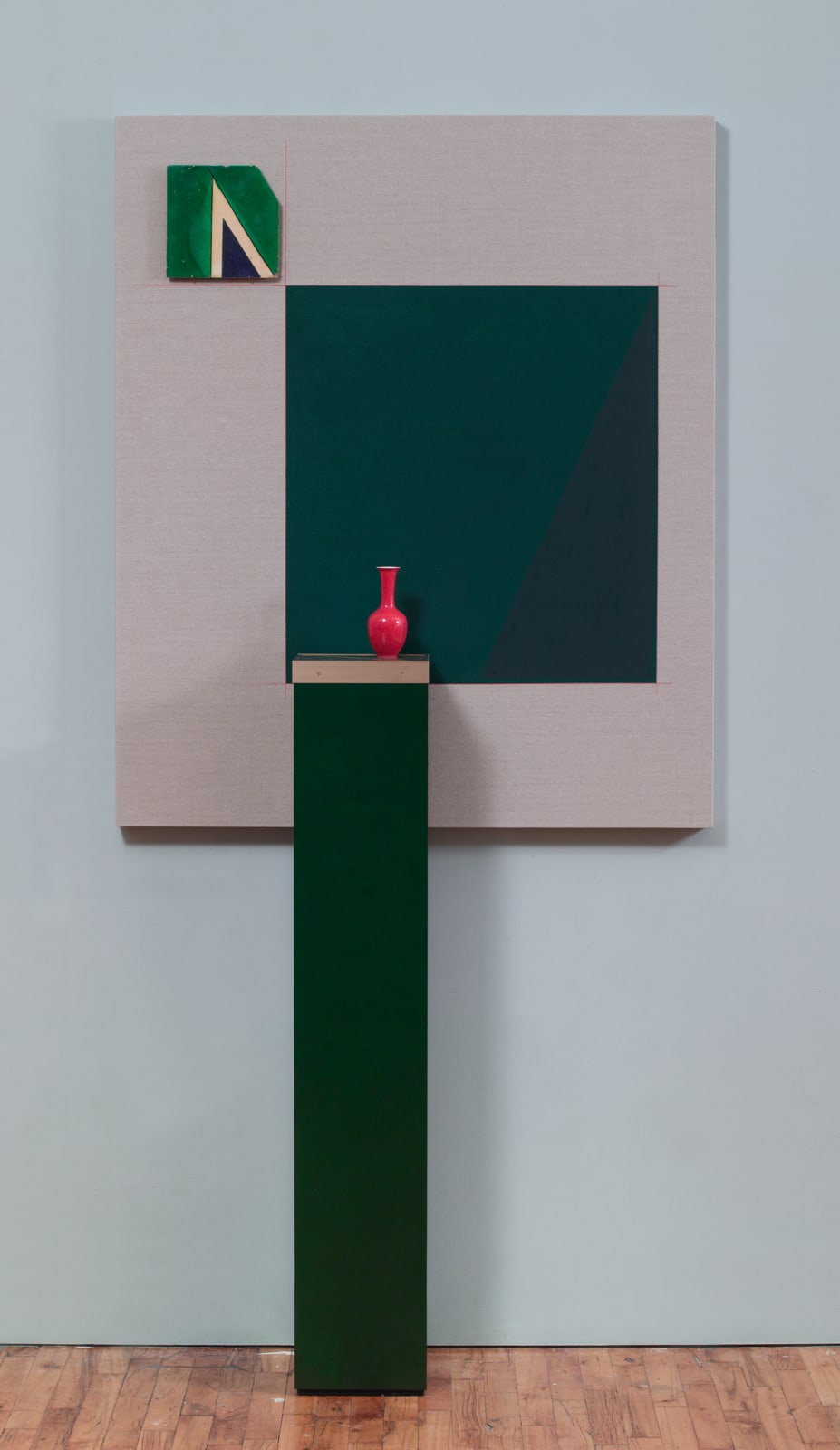 Green Movement, 2018 Panel: oil, pencil, and ceramic on linen; pedestal: wood, brazss, terrazzo, and ceramic Panel: 50 x 42 in (127 x 106.68 cm) Pedestal: 50 x 9 x 9 in (127 x 22.86 x 22.86 cm)