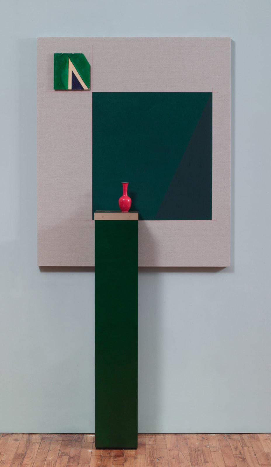 Green Movement, 2018 Panel: oil and pencil on linen; Pedestal: wood brass, terrazo; ceramic 50 x 42 inches (panel); 50 x 9 x 9inches (panel)