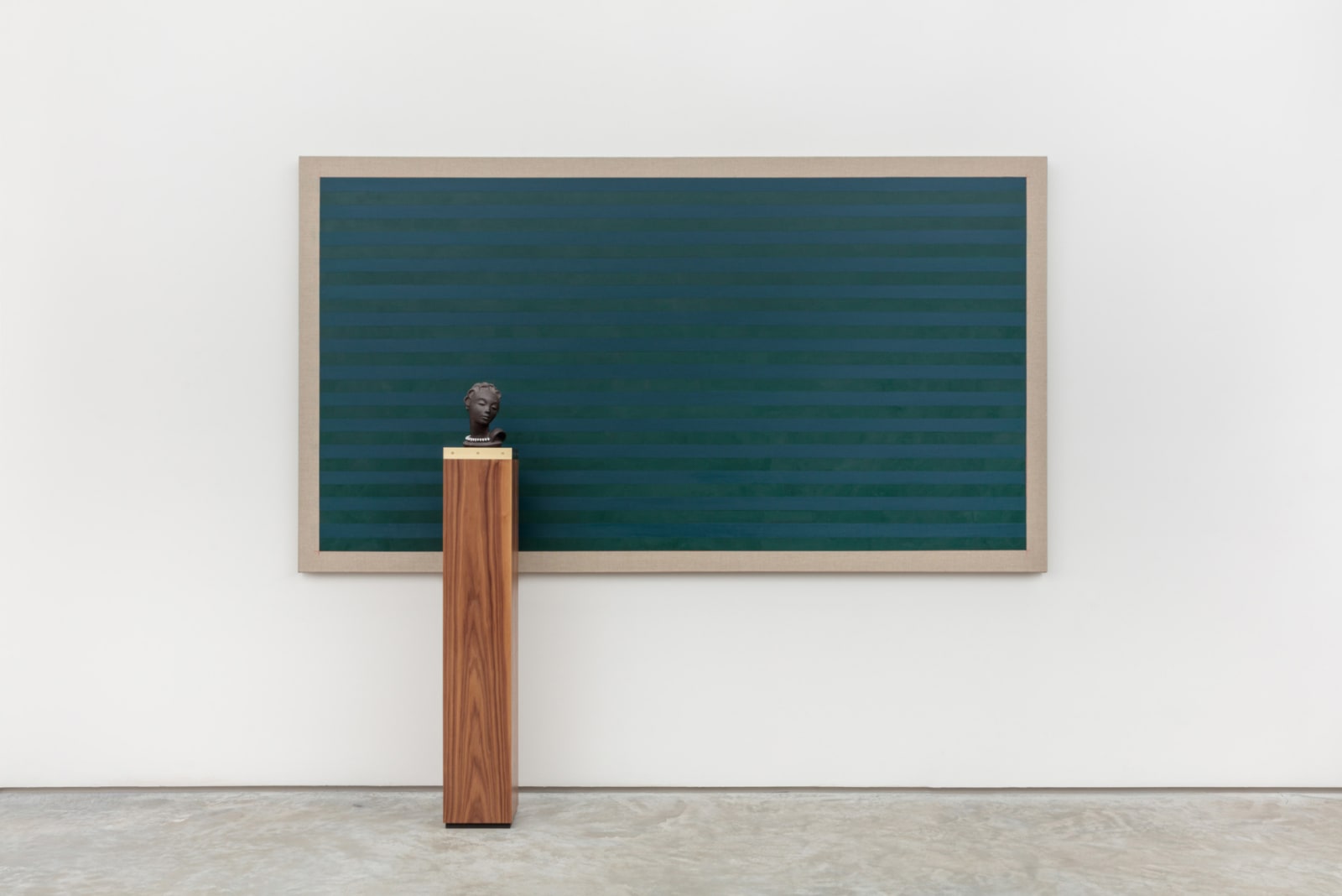 Josephine and the Architect, 2017 Oil and pencil on linen; walnut, brass, terrazo, and ceramic Painting: 60 x 108 inches (152 x 274 cm)