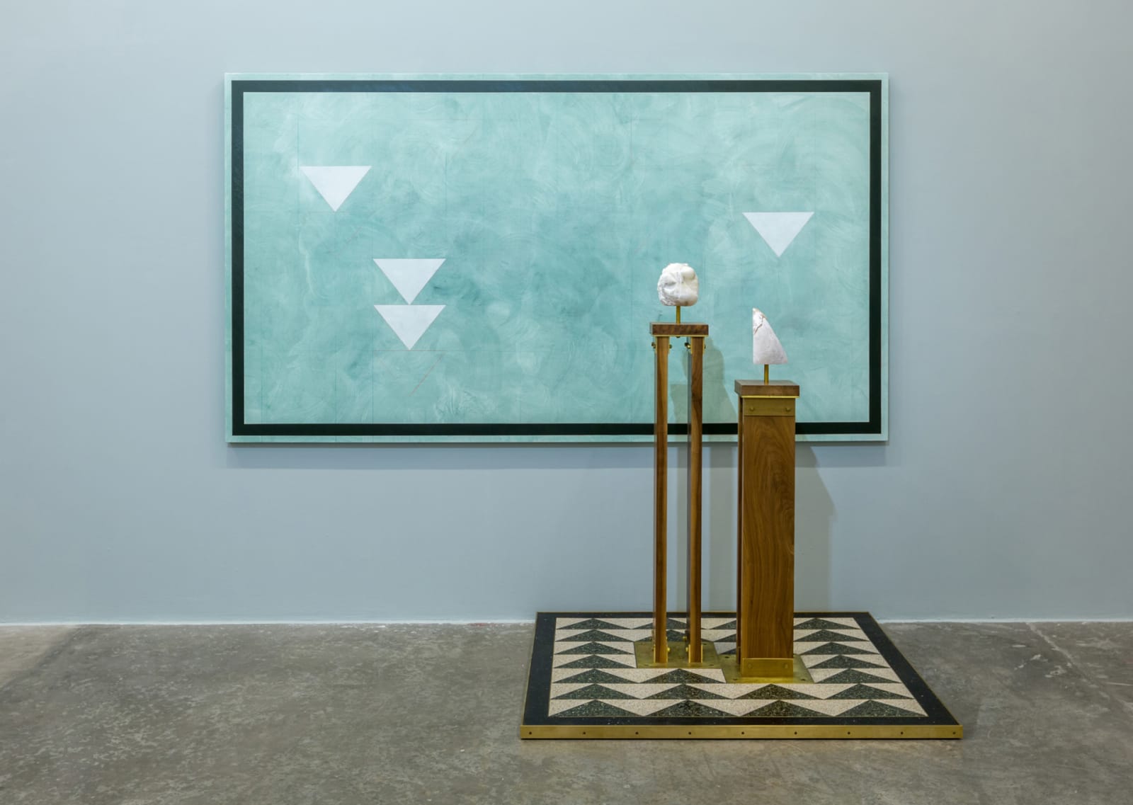 A Monument for Living in Defeat, 2016 Oil, wax and pencil on canvas; terrazzo and Brass on panel; walnut, brass, soapstone, and alabaster Painting: 60 x 108 inches (152.4 x 274.32 cm)