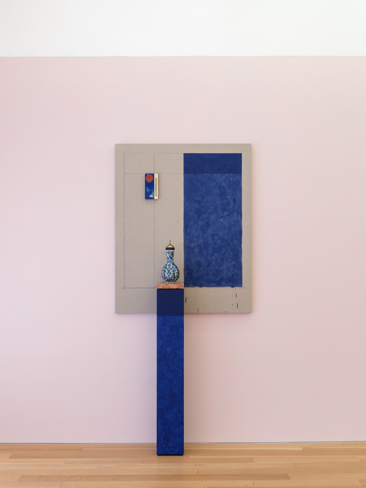 Bosphorescent Badakhshan, 2022 Panel: lapis lazuli oil paint and color pencil on linen, ceramic tile; Pedestal: lapis lazuli oil paint on MDF, Rosso Verona marble; ceramic object and brass Panel: 52 x 42 inches (132.1 x 106.7 cm) Pedestal: 50 x 8 x 8 inches (127 x 20.3 x 20.3 cm)