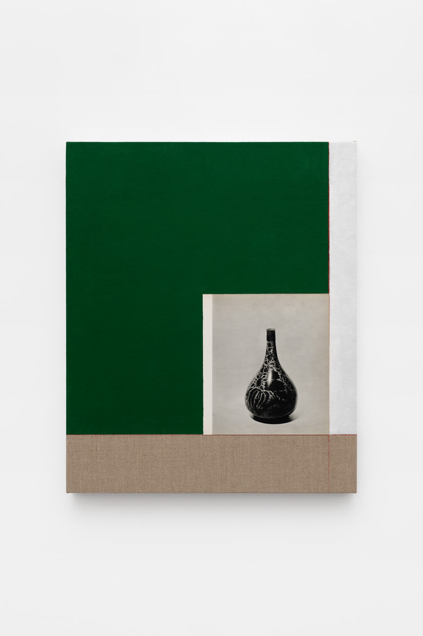 Andata (Luster on Blue Glaze), 2021 Oil, pencil and book page on linen 24 x 20 inches (60.96 x 50.8 cm)
